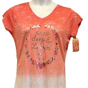Women’s XL Farm Girl Orange & White Ombré Knee Deep V-neck Burn Out Tee